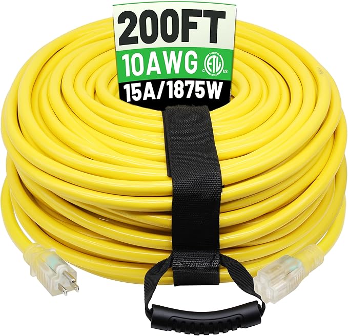 POWGRN 200 Ft 10AWG Outdoor Extension Cord Waterproof Heavy Duty 10 Gauge 3 Prong, Flexible Cold-Resistant Long Power Cord Outside with Lighted Indicator End, 15Amp 1875W SJTW Yellow ETL Listed