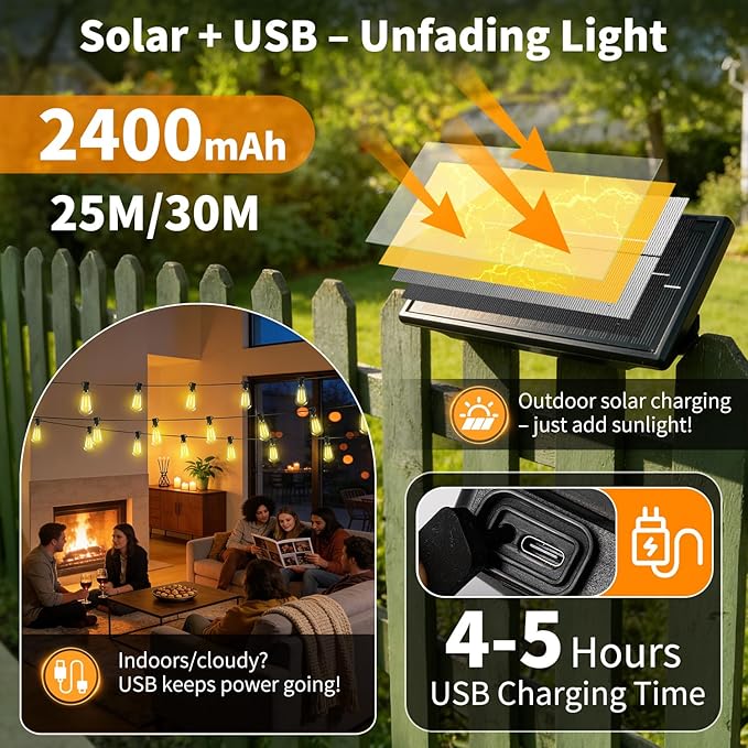 Solar Lights Outdoor Waterproof: ST38 82FT 25M Shatterproof Bulbs Patio Lights - Solar Powered & USB Charging- Remote Control 3 Light Modes Dimmable Solar Light - Camping Backyard Garden