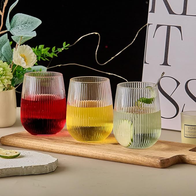 Lueumxc 36 Pack 15Oz Plastic Wine Glasses, Origami Ribbed Disposable Wine Glasses Unbreakable Clear Plastic Cocktail Glasses Recyclable Shatterproof Reusable Wine Cups