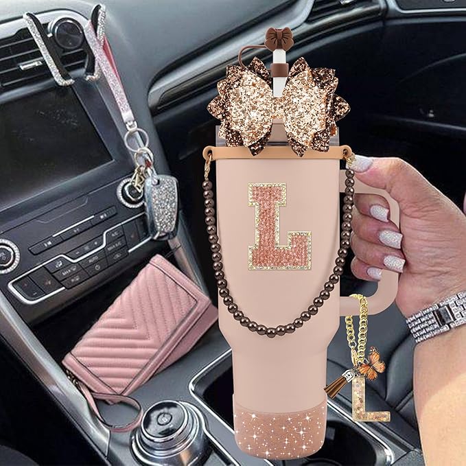 9PCS Brown for Stanley Cup Accessories Set Bling Initials Bow Charms for Stanley Decorations 30/40 Oz Tumbler Accessories Including Bow Straw Topper, Handle Strap, Spill Stopper（Letter L）