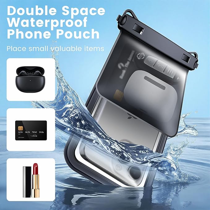 Rynapac IPX8 Waterproof Phone Pouch 2 Pack, [Up to 8.5''] Double Space Waterproof Phone Case with Lanyard for iPhone 17 16 15 14 Pro Max, Cellphone Dry Bag for Beach Vacation Cruise Essentials