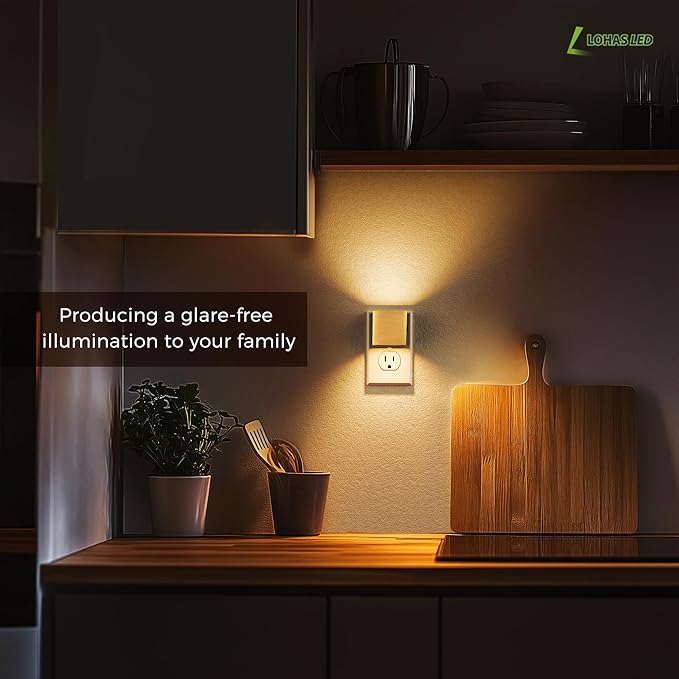 L LOHAS LED Night Light,Night Lights Plug into Wall,[2-Pack] Dimmable Night Light with Light Sensor,3000K Warm White,Gold Nightlight for Bathroom Hallway Kitchen