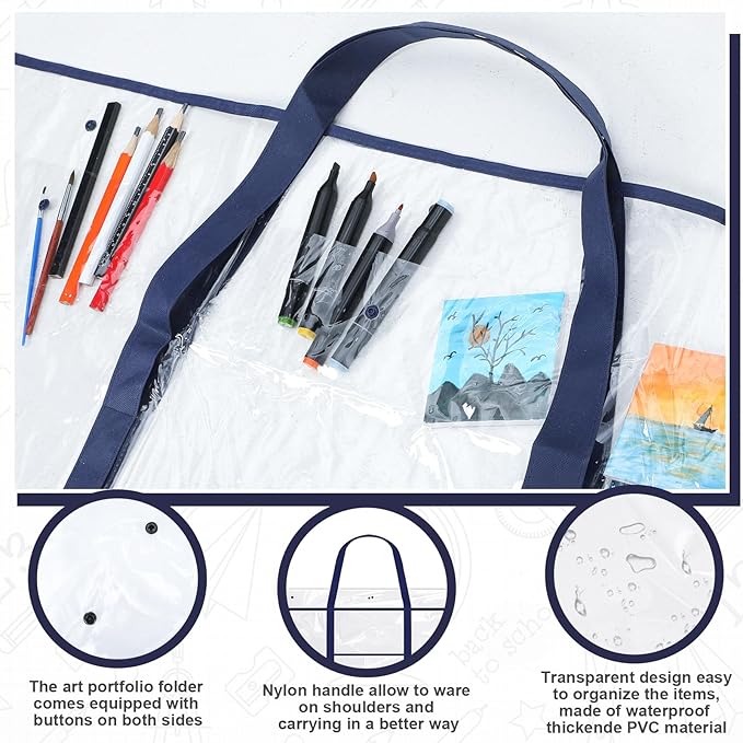 Windyun 3 Pack Large Poster Storage Bag 48" x 36" Bulletin Board Holder Art Portfolio Case PVC Art Portfolio Container Bulletin Board Storage Box with Pocket for Classroom Teacher Organization(Blue)