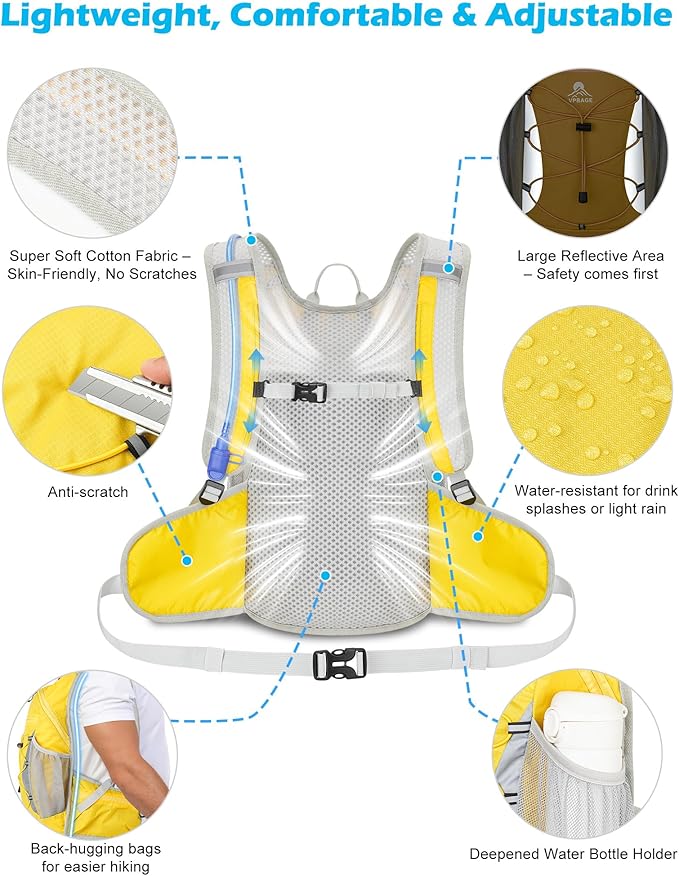 Hydration Backpack with 2L Water Bladder - Lightweight 15L Daypack with Phone-Sized Hip Belt Pockets, Anti-Chafe Cotton Edging & No-Bounce Straps - Small Water Backpack for Hiking, Running, Skiing