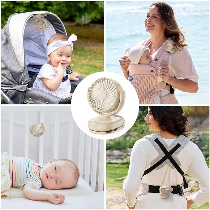 Momcozy Portable Stroller Fan with Clip | 4-Speed Mini-Fan for Carrier | Personal Fans Ultra Light 0.26lb | Gaps ≤4.5mm | Handheld Cooling | Rechargeable Rotate for Diaper Backpack/Table/Chair