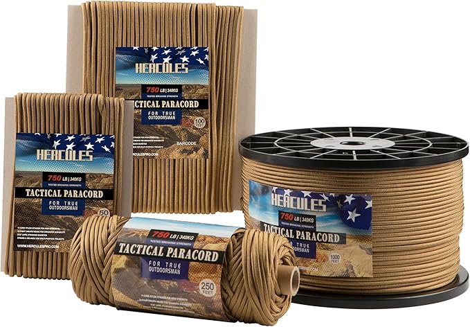 HERCULES 750lb Paracord 4mm 11 Strands Tactical Parachute Cord, 50' 100' 250' 1000' Utility Rope for Camping, Survival, Outdoor Gear (Coyote, 1000FT)