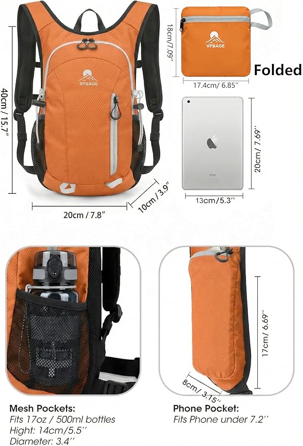 Foldable Small Hiking Backpack with 3 Strap Pockets – Lightweight 300D Spill-proof Daypack for Men Women – Packable Small Travel Backpack with Chest Strap & Trekking Pole Holder – Durable Outdoor Bag
