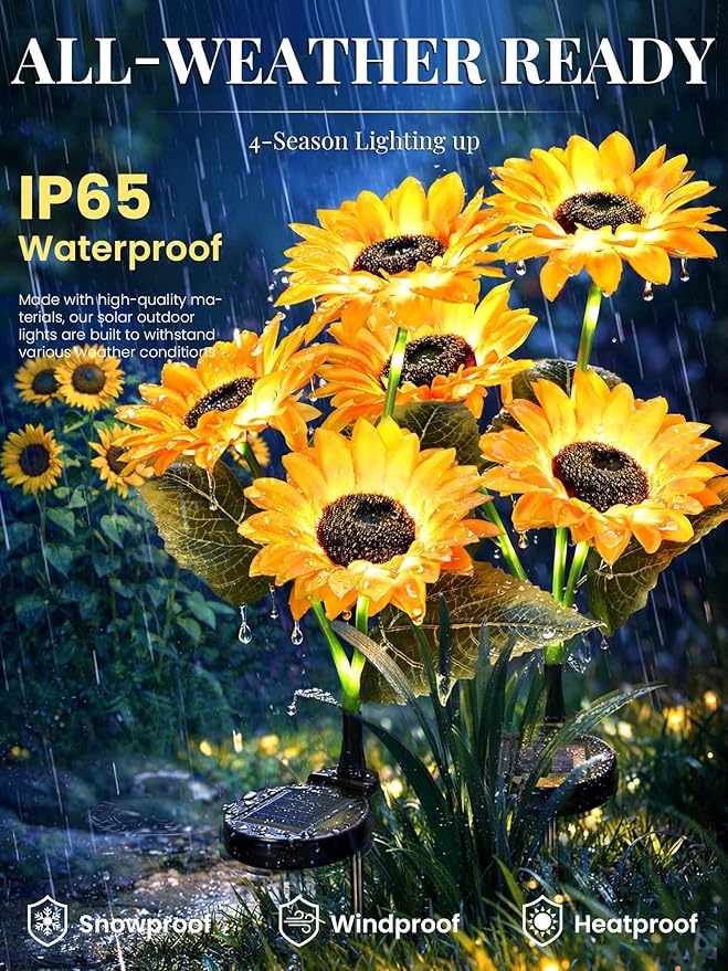 GIGALUMI Solar Garden Lights Artificial Sunflowers, LED Garden Decor Carefree Sunflower Solar Lights Outdoor Yard Decorations Outdoor, Everlasting Sunflower Decor Gift for Yard Patio (Set of 4)