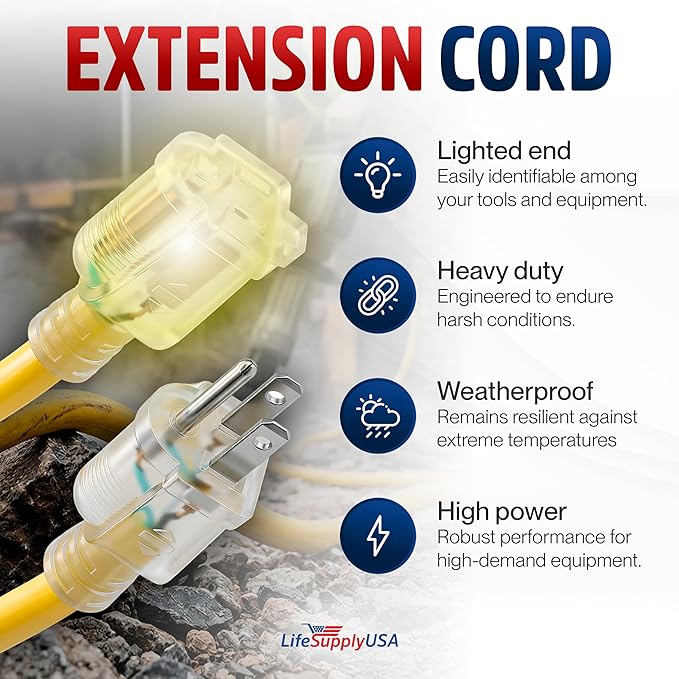 75ft Outdoor/Indoor Extension Cord 16/3 Gauge Heavy Duty 3 Prong SJTW, Waterproof, Flexible Cold-Resistant Long Power Cord,10A 125V 1625W, Yellow by LifeSupplyUSA