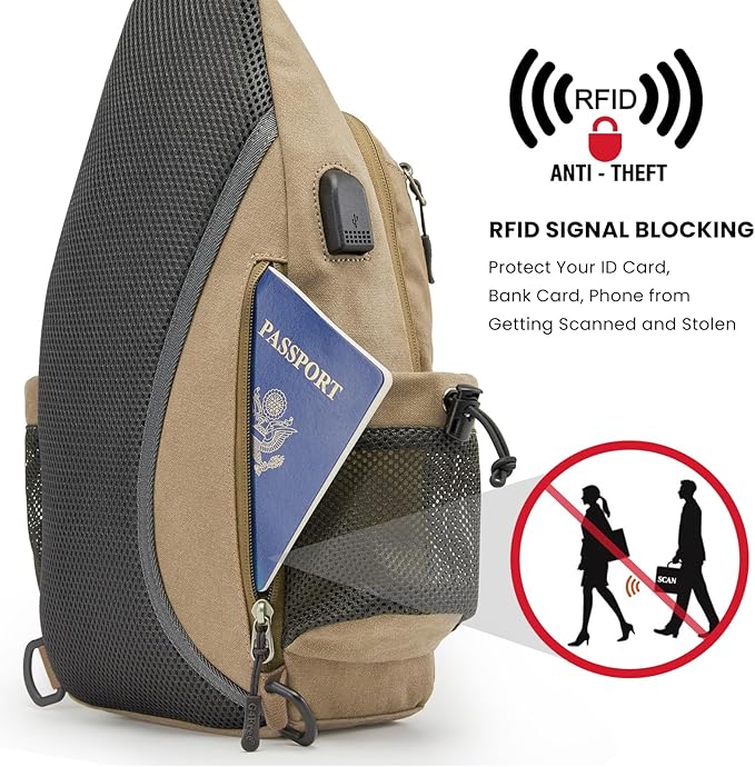 G4Free Canvas Sling Bag Crossbody Backpack with USB Charging Port & RFID Blocking, Hiking Daypack Chest Bag for Women Men