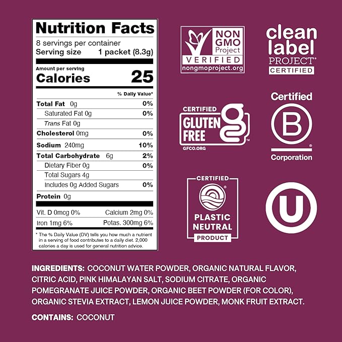Cure Hydration | Plant-Based Electrolyte Drink Mix | No Added Sugar | FSA-HSA | Dehydration Relief Powder Made with Coconut Water | Non-GMO | Vegan | Box of 8 Packets - Berry Pomegranate