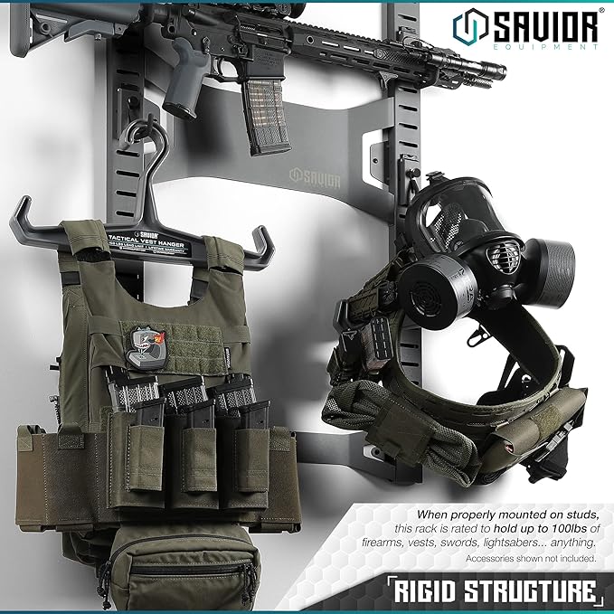 Savior Equipment Horizontal Steel Wall Mount Firearm Rifle Display Rack, Compound Bow Shotgun Carbine Gun Sword Tactical Vest Gear Hanger Free-Standing Indoor Storage Organizer, 10 Mounting Hooks