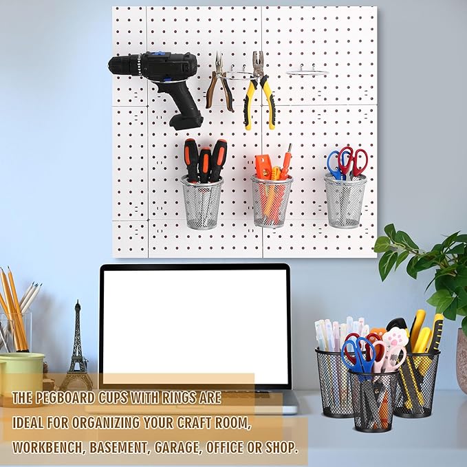 Spakon 6 Sets Pegboard Cups with Ring Hook, Peg Board Baskets Bin Holder Organizer Accessories Pegboard Pencil Cup Multipurpose Metal Pen Holder for Office Garage(Silver,2.56x4.13x3.54'',Regular)