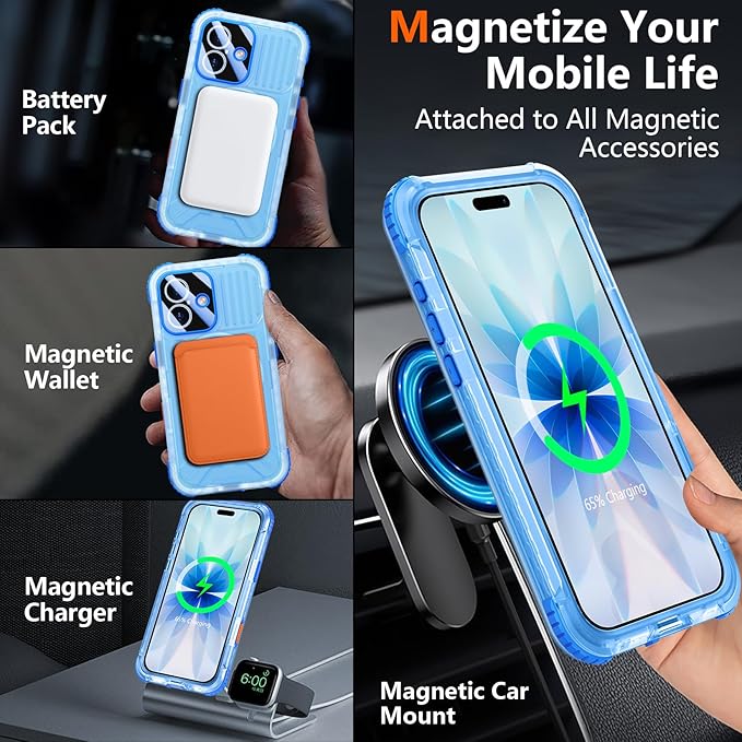 SPIDERCASE Magnetic for iPhone 17 Case Waterproof,[Built-in Screen & Camera Protector] [IP68 Underwater] 12FT Military Shockproof, Dustproof, Anti-Scratched Phone Case,Blue/Clear