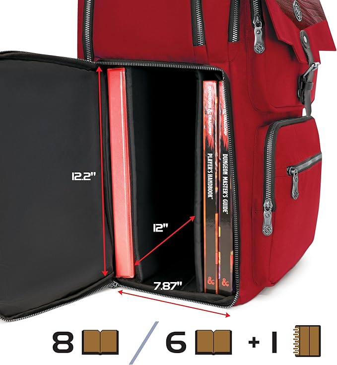 ENHANCE Collector's Edition DnD Backpack - RPG DM Bag for Dungeons and Dragons - DnD Bag fits 6-8 Books, 18" Laptop/DM Screen Slot, Miniature Foam Trays, Accessory Pockets, Map Strap (Dragon Red)