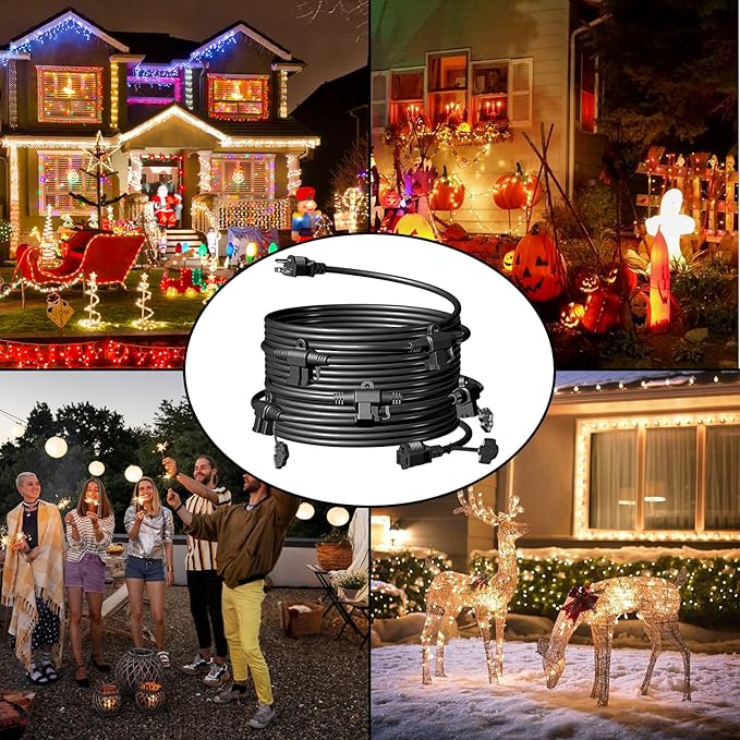 Eversimpleinc Black Outdoor Extension Cord with Multiple Outlets, (50FT 6 Outlets) Evenly Spaced with Weatherproof Cover, Ideal for Christmas Decoration Patio, 16AWG/3C SJTW, ETL Listed