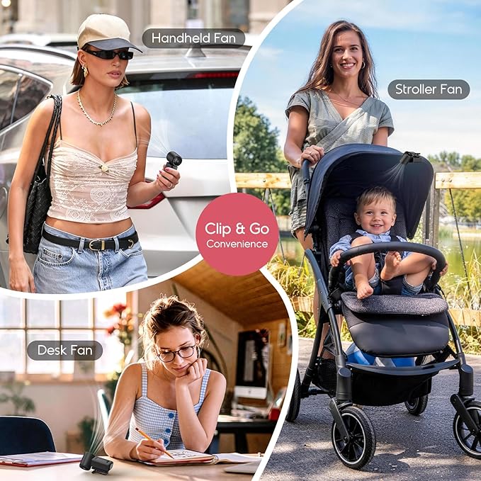 Portable Clip-On Mini Fan, Hands-Free, Turbo Personal Handheld Fans Rechargeable w/ 4 Wind & LED Display, Pocket Size Summer Essentials for Travel/EyeLash/Beach/Concert, Gifts for Women Men(Black)