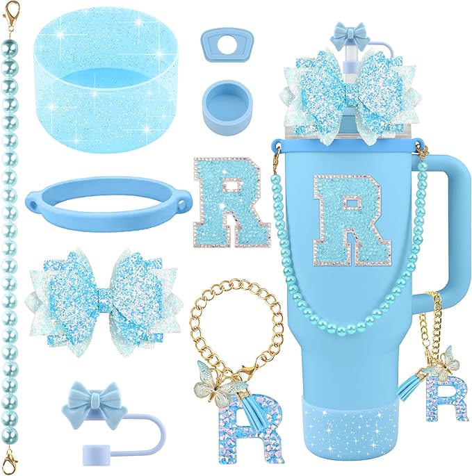 9PCS Blue for Stanley Cup Accessories Set Bling Initials Bow Charms for Stanley Decorations 30/40 Oz Tumbler Accessories Including Bow Straw Topper, Handle Strap, Spill Stopper（Letter R）