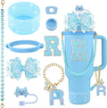 9PCS Blue for Stanley Cup Accessories Set Bling Initials Bow Charms for Stanley Decorations 30/40 Oz Tumbler Accessories Including Bow Straw Topper, Handle Strap, Spill Stopper（Letter R）