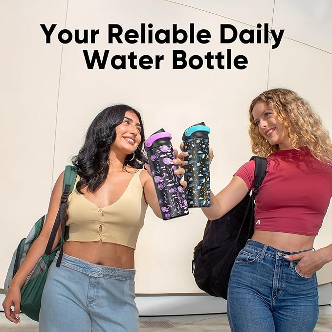 ENCOOL Leakproof Insulated Water Bottle with Straw Dual-Sip Water Bottle Bag-Safe Design for Work, Commute & Gym – Keeps Drinks Cold All Day, 24 oz, Neon Whale