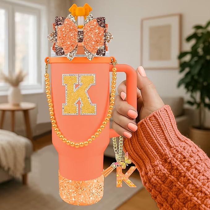 9PCS Orange for Stanley Cup Accessories Set Bling Initials Bow Charms for Stanley Decorations 30/40 Oz Tumbler Accessories Including Bow Straw Topper, Handle Strap, Spill Stopper（Letter K）