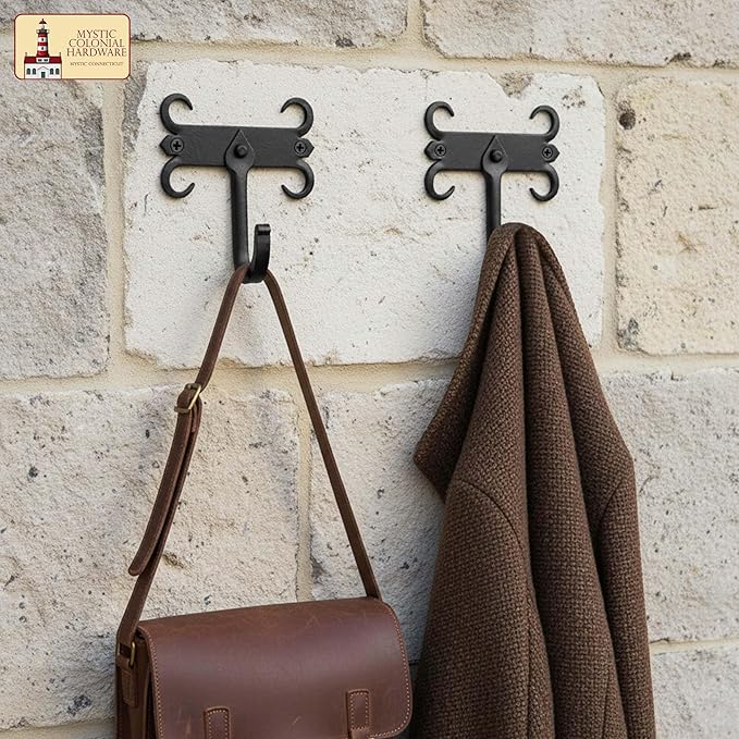 Mystic Colonial Rustic Cast Iron Wall Hooks, Heavy Duty Retro Utility Hooks for Hanging Coat, Bag, Towel, Robe, Hat and More, Mounting Hardware Included, Pack of 10