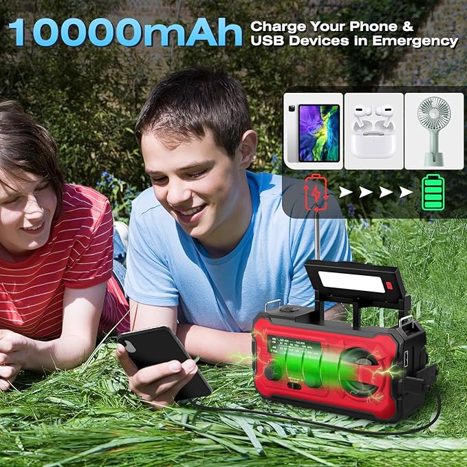 NITIGO 10000mAh Emergency Radio, NOAA Weather Radio with AM/FM, 37000mWh Rechargeable Phone Power, USB/Solar/Hand Crank Charging, LED Flashlight, SOS Alarm, Reading Lamp for Indoor/Outdoor Emergencies