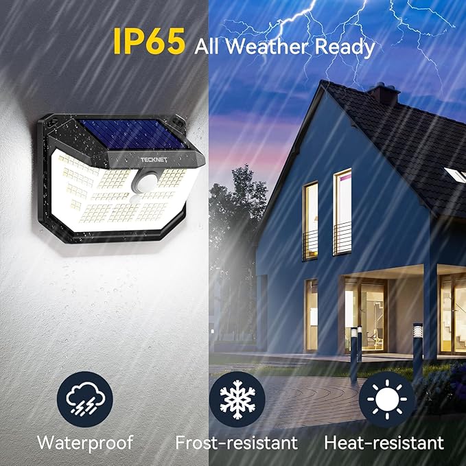 TECKNET 231 LED Solar Motion Lights Outdoor Waterproof, 8 Pack 300° Angle & 3 Lighting Modes PIR Motion Sensor Security Solar Wall Lights IP65 for Fence Front Door Yard Deck Garden Garage