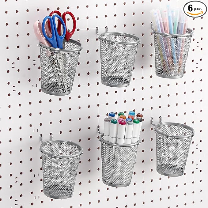 Spakon 6 Sets Pegboard Cups with Ring Hook, Peg Board Baskets Bin Holder Organizer Accessories Pegboard Pencil Cup Multipurpose Metal Pen Holder for Office Garage(Silver,2.56x4.13x3.54'',Regular)