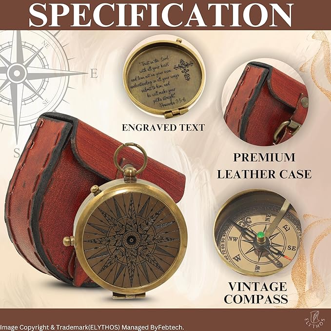 Handmade Brass Antique Compass with Leather Case – Vintage Finish Functional Pocket Navigation Tool for Travel, Hiking & Gift