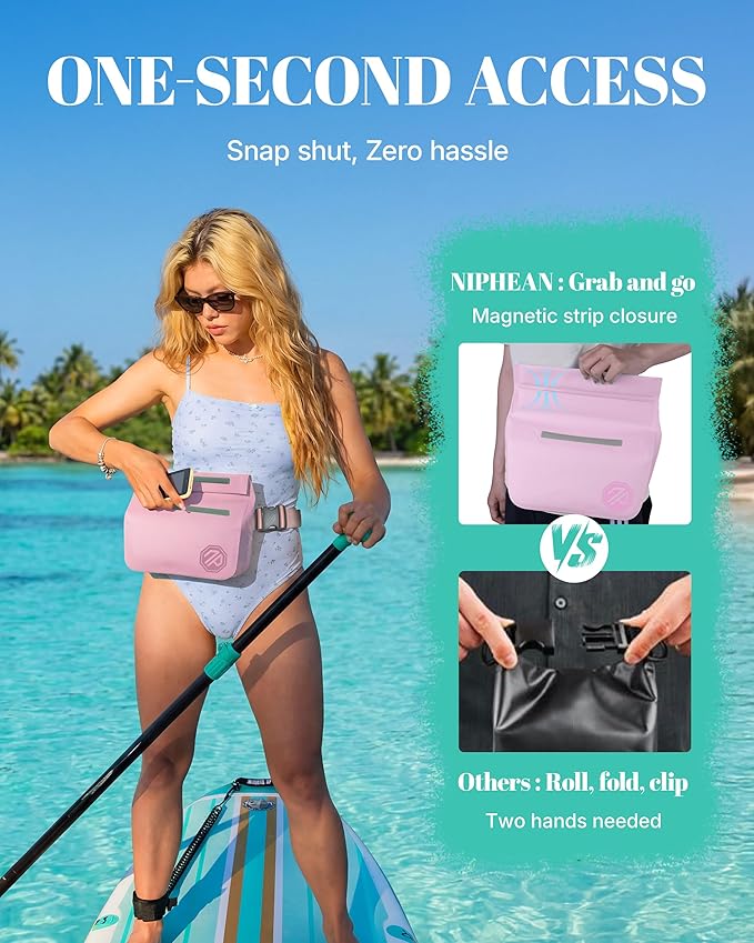 niphean IPX7 Waterproof Fanny Pack with Magnetic One-Hand Closure, Durable Waterproof Dry Bag, for Kayaking, Paddle Boarding, Beach Cruise Essentials, 2.5L Phone Pouch Dry Bags for Men Women, Pink