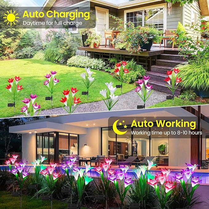 KOOPER Outdoor Solar Lights, 4 Pack Solar Garden Light with Bigger Lily Flowers, Waterproof 7 Color Changing Solar Lights Outdoor - Bigger Panel for Patio Yard Garden Decoration, Gift for Mom