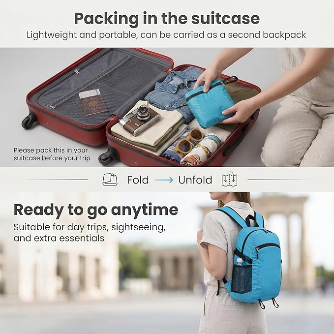 Lightweight Hiking Backpack 18L Packable Foldable Small Daypack Collapsible Travel Bag Water-Resistant for Adults (Orange)