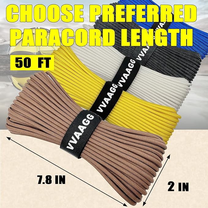 VVAAGG 1000 Tan Paracord 50FT Utility Parachute Cord 4mm Nylon String12 Strand Nylon Camping Rope, Tent Rope, Clothsline Rope for Survival & Camping Gear
