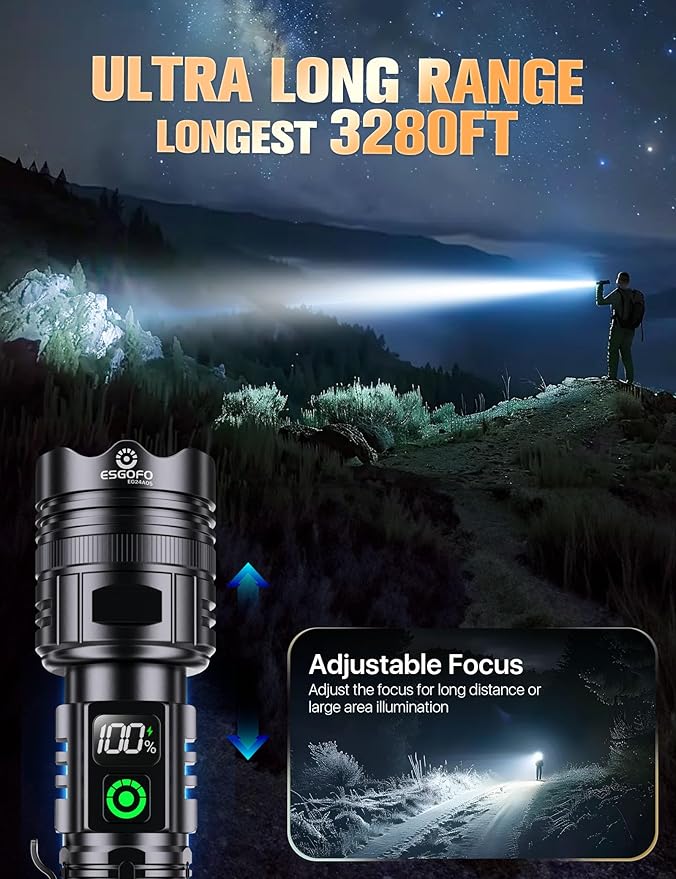 Esgofo Rechargeable Flashlights High Lumens 100000 2 Modes High/Low, Super Bright Magnetic LED Flashlight Long Distance 3280FT, Powerful Long Lasting Strong Flash Light USB C with Clip for Hiking