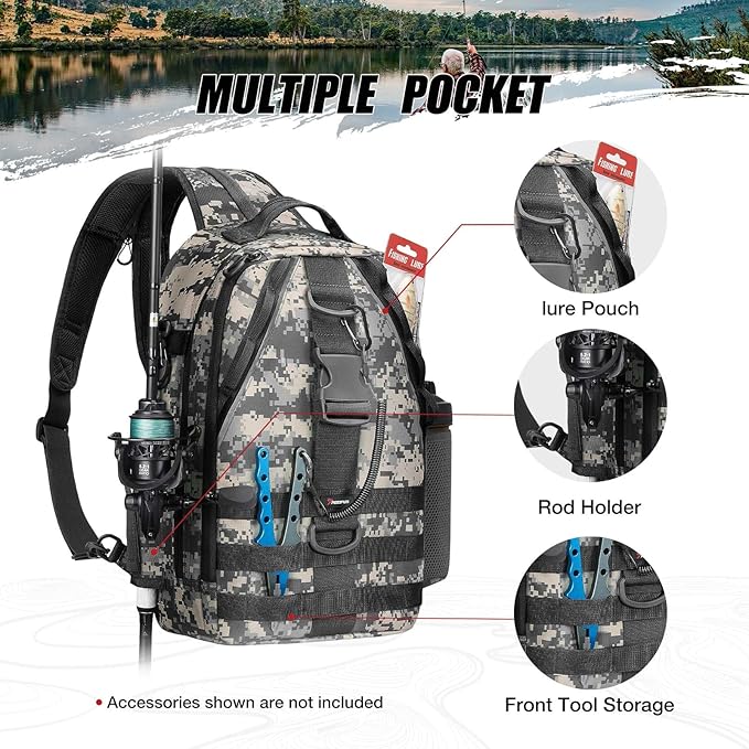 Piscifun Fishing Backpack with Rod Holder, Lightweight Sling Bag Storge Gear and Equipment