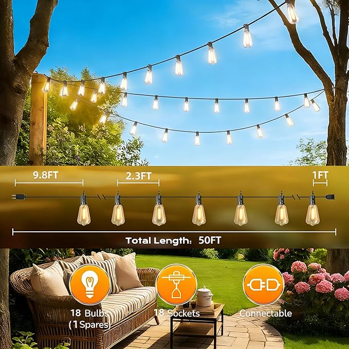 50FT Outdoor String Lights, Waterproof Patio Lights with Shatterproof ST38 Vintage Edison Bulbs, Connectable Outside Hanging Lights for Backyard, Porch, Deck, Balcony, Garden, 2500K Dimmable
