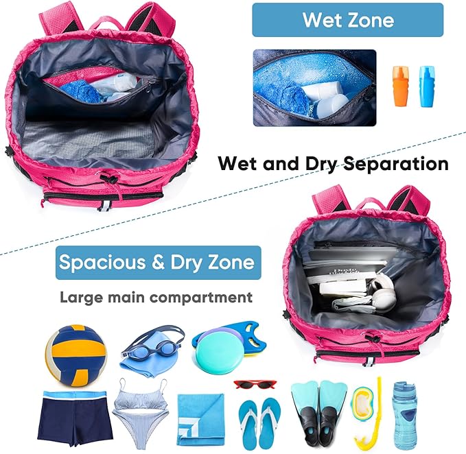 Large Beach Backpack Waterproof Sandproof - Customized Oversized Drawstring Pool Bag with Shoe Compartment for Toiletries, Towels, Gym, Travel