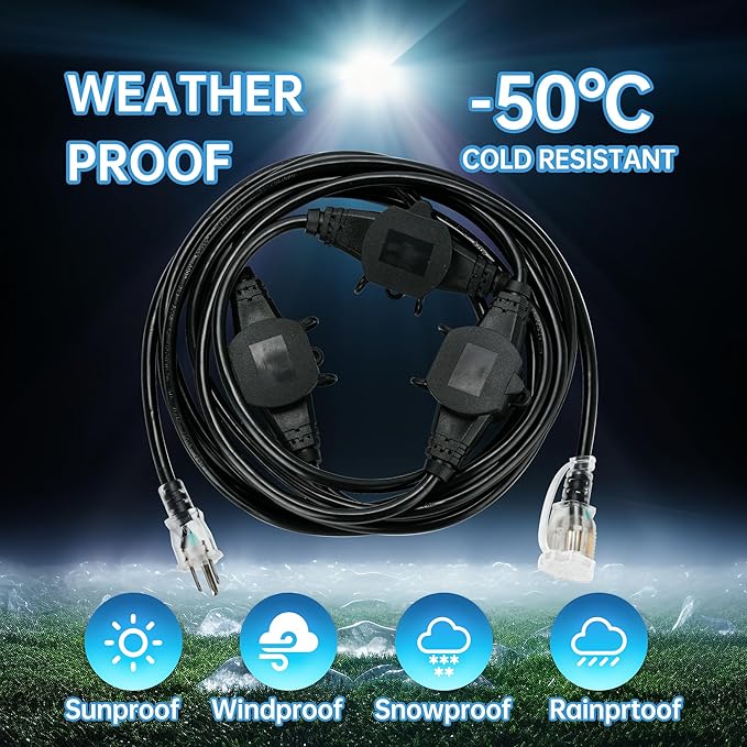 20FT 16 Gauge Multi-Outlet Outdoor Extension Cord, 4 Evenly Spaced Weatherproof Outlets, Great for Stage Backdrops, Landscape Garden Lighting, Christmas Decorations ETL