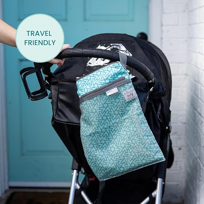 Motif Medical Baby Wet Dry Bag - Double-Compartment Bag for Wet Clothes & Dry Items - Travel Laundry Bags for Moms On-the-Go - Diaper Wet Bag for Pump Parts, Dirty Baby Clothes, Swimsuits (Aqua)