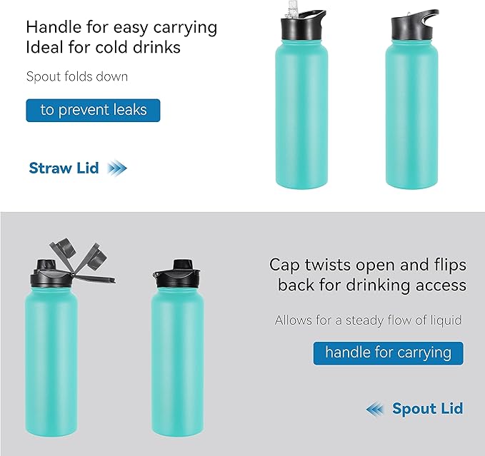 VEGOND 40 oz Insulated Water Bottle Stainless Steel Metal Water Bottles with Leak Proof Straw Lid & Spout Lid, Wide Mouth Double Walled Vacuum Travel Sports Bottle, Mint Green