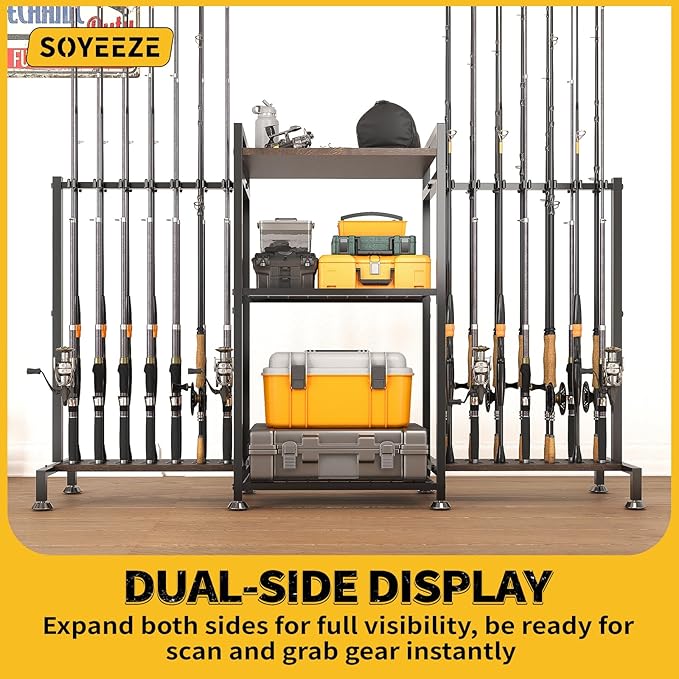 SOYEEZE Fishing Rod Holder for 28 Rods, Ground Stand Fishing Pole Holders for Garage, 3-Sided Vertical Fish Rod Rack for Tackle Box, Fishing Supplies,a Display Fish Gear Storage Gift