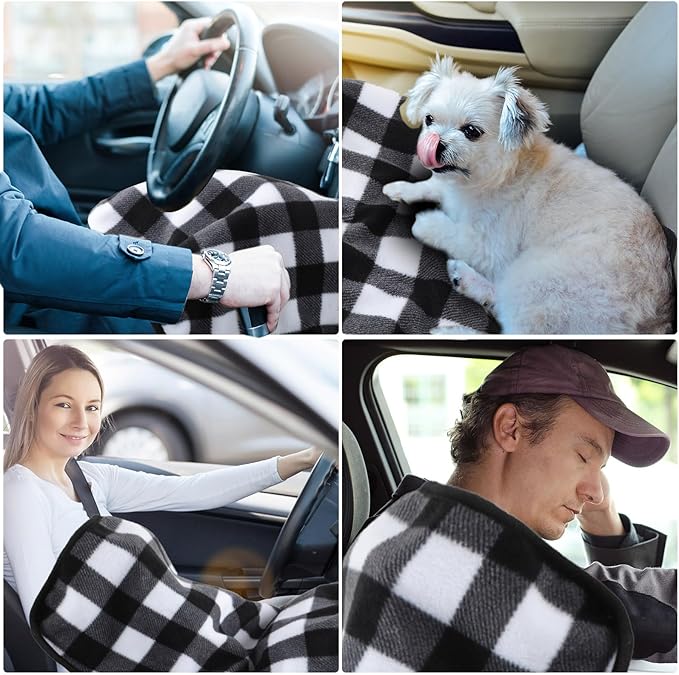 Tuanse 16 x 16 Inches Car Electric Blanket 12 Volt Heated Car Blanket with Temperature Controller and Black Storage Bag Cold Weather Tailgating and Emergency Kit (Black White,Plaid)