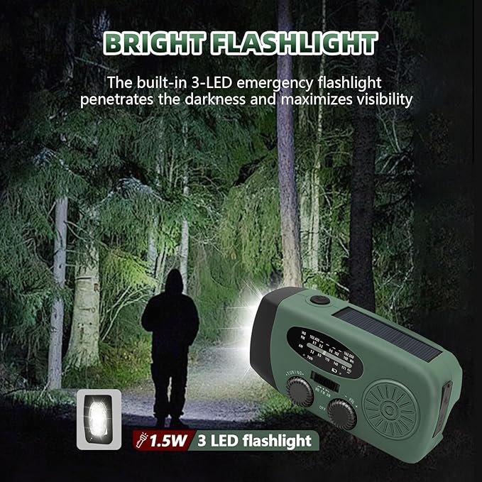 WVL 7400mWh Emergency Weather Radio, Portable Solar Hand Crank Radio AM/FM/NOAA, with 3 Mode Flashlight & Reading Lamp, Cell Phone Charger and SOS Siren(Navy Green)