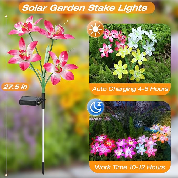 Aukora Solar Garden Lights Outdoor 5 Pack, 5 Colors Lily Flowers & 7-Color Changing Solar Lights for Outside, Waterproof for Garden Patio Yard Decor