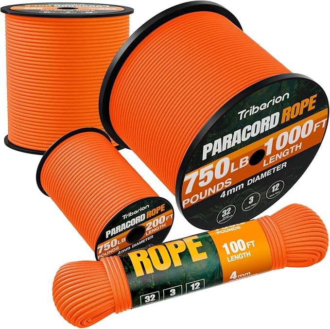 Paracord Rope 750 lb - 1000ft 5/32" Parachute Cord 4MM 12-Strand para Cord - Heavy Duty Spool String for Survival,Camping Gear, Survival Bracelet, Clothesline - Orange