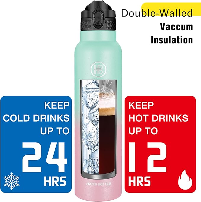 Han's Bottle Sports Water Bottle - 32 Oz, Straw Lid, Leak Proof, Vacuum Insulated Stainless Steel, Double Walled, Thermo Mug,Bubble Gum