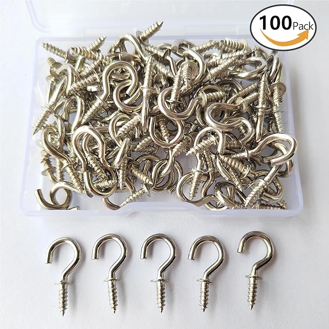 Set of 100 Nickel Plated Metallic Silver Cup Hooks Small Hooks, 1/2 Inch Delicate Size, Threaded Ceiling Hooks, Plant Hooks, Kitchen, and More Multi-Purpose in One.