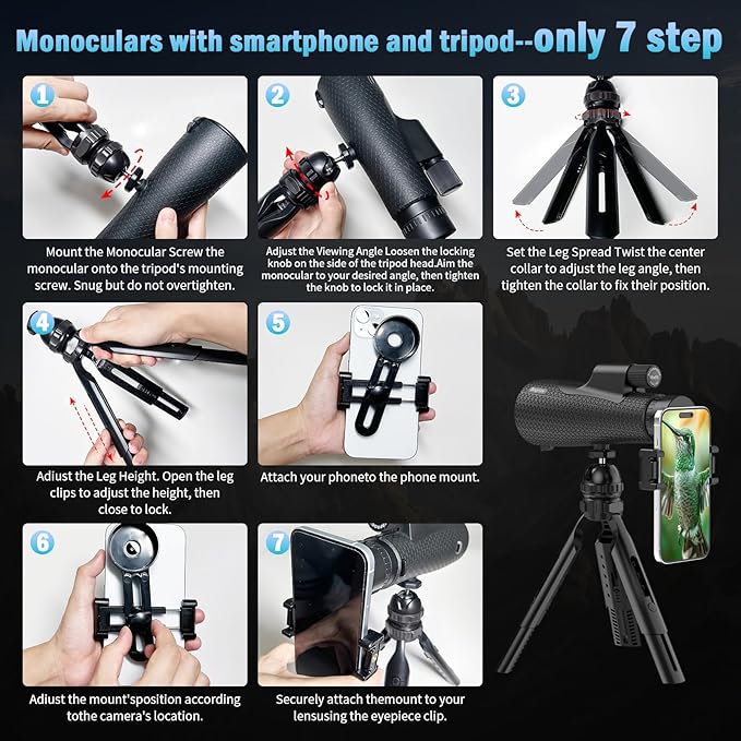 15×55 Monocular Telescope, HD High Powered with Tripod and Phone Adapter, BAK4 Prism, Waterproof & Fogproof, Lightweight for Bird Watching Hunting Hiking and Landscape Photography