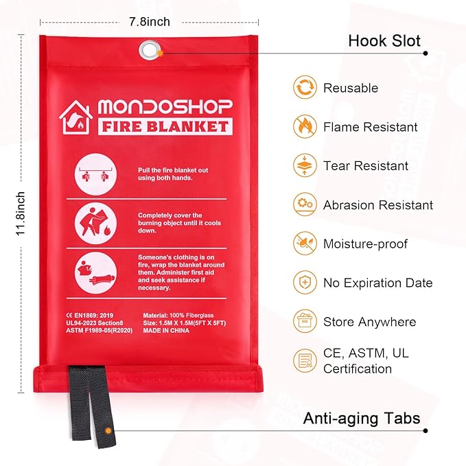 Mondoshop Fire Blanket Emergency for Home and Kitchen - 2 Pack 60"x60" Fire Blankets Fire Resistant Blanket for Camping, Grill, Car, Office, Warehouse, School, Picnic, Garages, Workshops